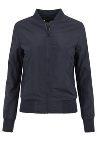 Navy bomber jacket made of lightweight fabric, featuring a front zipper, ribbed collar, cuffs, and waistband. Smooth texture with minimal accents.