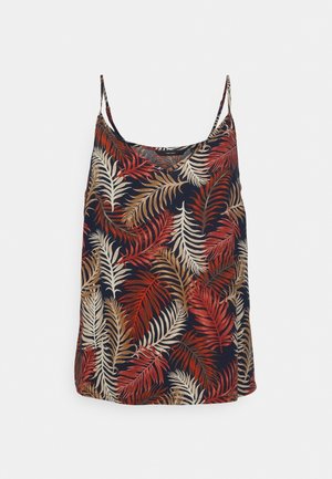 Haut caraco bleu marine à fines bretelles, avec des motifs de feuilles de fougère tropicales en rouge, beige et marron.