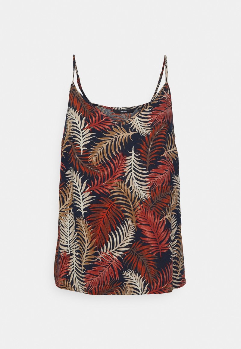 Haut caraco bleu marine à fines bretelles, avec des motifs de feuilles de fougère tropicales en rouge, beige et marron.