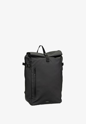 Black roll-top backpack made of smooth, matte material. Features a front zip pocket, side straps, and a top carrying handle.