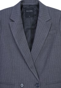 Blazer doppiopetto grigio a righe con rever a punte, due bottoni e fodera interna nera etichettata "CALLIOPE" taglia S.