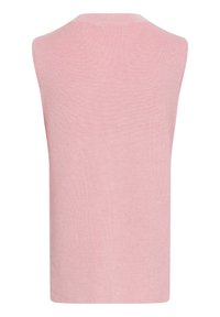 Top senza maniche di colore rosa realizzato in materiale a coste. Presenta un collo tondo e una silhouette aderente. Texture liscia, semplice e senza motivi.