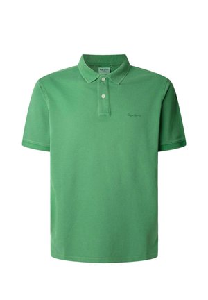 Zelena polo majica iz bombaža s klasičnim ovratnikom, dvogumbnim zapenjanjem in izvezenim logotipom na levem prsnem delu. Kratki rokavi.