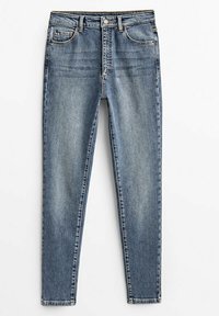 Jean skinny bleu taille haute avec lavage délavé, bouton et fermeture éclair à l'avant, et cinq poches, posé à plat sur un fond blanc.