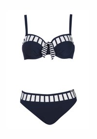 Tyrkysový bikinový set s pruhovaným braletom a mašľou, plus zodpovedajúcimi vysokými nohavičkami s pruhovaným pásom. Mäkko a elastické tkaniny.