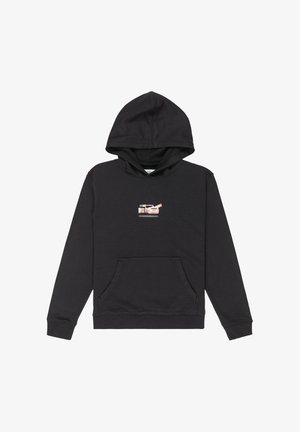 Haut à capuche noir en tissu doux avec une poche kangourou et un petit motif graphique sur la poitrine. Comprend une capuche avec cordon de serrage.