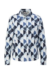 Langärmliges Hemd mit einem geometrischen Blau- und Weißmuster, das einen Kragen hat und eine durchgehende Knopfleiste mit weißen Knöpfen aufweist.