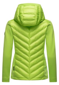 Green hooded jacket featuring a chevron quilted design on the back, made from insulated material with long sleeves and a smooth texture.