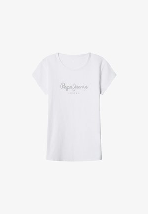 Weißes T-Shirt mit kurzen Ärmeln aus Baumwolle, mit einem silbernen gestickten Logo "Pepe Jeans LONDON" auf der Vorderseite. Klassischer Rundhalsausschnitt.