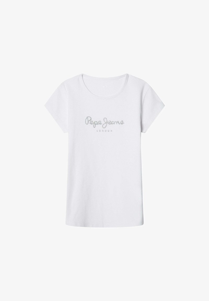 Baltas trumpomis rankovėmis marškinėliai, pagaminti iš medvilnės, su sidabriniu siuvinėtu logotipu "Pepe Jeans LONDON" priekyje. Klasikinis apvalus iškirpimas.
