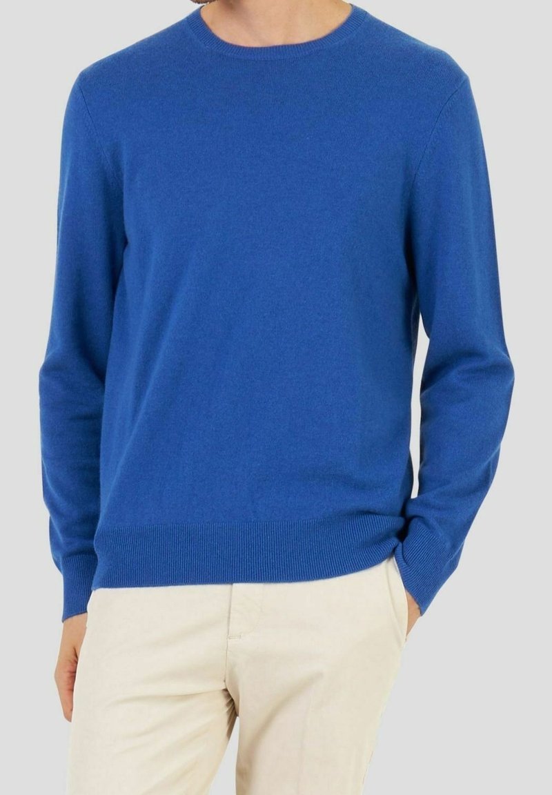 Man som bär en blå långärmad crewneck-tröja och ljusbeige byxor med en hand i fickan mot en neutral bakgrund.