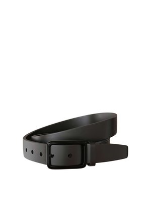 Black leather belt with a rectangular black buckle and multiple adjustment holes, coiled on a white background.