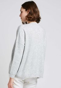 Pull en tricot gris clair avec une coupe décontractée, doté d'un col rond et de poignets côtelés. La texture semble douce et confortable.