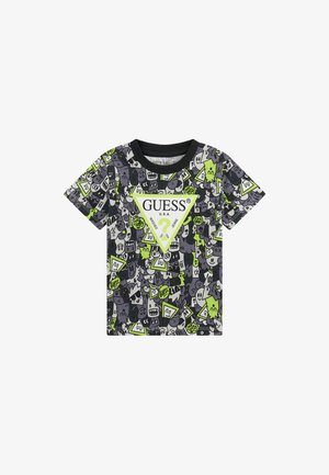 Schwarzes und graues Baumwoll-T-Shirt mit einem lebhaften, mehrfarbigen Grafikdruck, einem Dreieck-Logo und einem runden Ausschnitt. Mit kurzen Ärmeln.