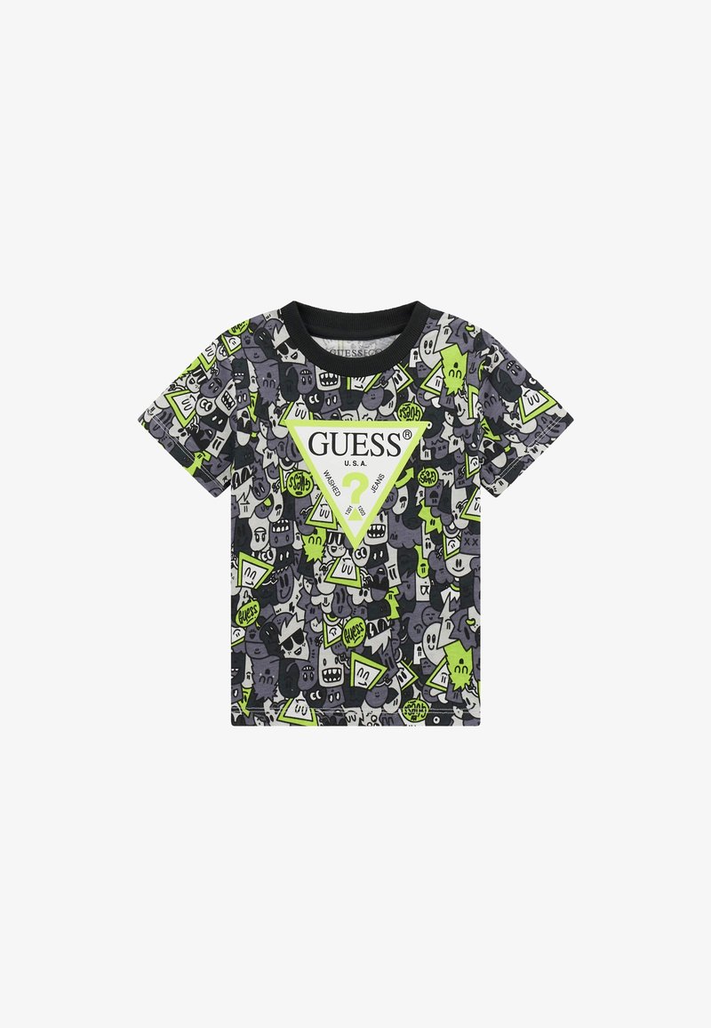 Černé a šedé bavlněné tričko s výrazným vícebarevným grafickým potiskem, trojúhelníkovým logem a kulatým výstřihem. Součástí jsou krátké rukávy.