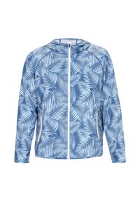 Jachetă albastră cu fermoar și un model de frunze de palmier alb, prevăzută cu glugă și două buzunare laterale. Fabricată dintr-un material ușor și respirabil.