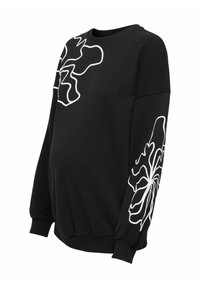 Sudadera negra con diseño floral en blanco, de mangas largas y puños acanalados. Material suave adecuado para ropa de maternidad.