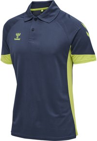 Donkerblauw poloshirt met limoengroene zijpanelen en mouwuiteinden, twee knopen en een limoengroen Hummel-logo op de borst.