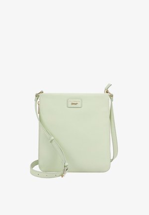 Sac bandoulière en cuir vert clair avec sangle réglable et fermeture éclair dorée, avec plaque logo Paul Costelloe sur le devant.