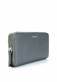 Dark gray textured leather zip-around wallet with metal zipper and small Tamaris logo on front center.