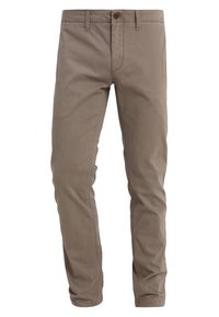 Beżowe bawełniane spodnie o prostych nogawkach, z pojedynczym zapięciem na guzik, szlufkami na pasek i bocznymi kieszeniami, gładka struktura.