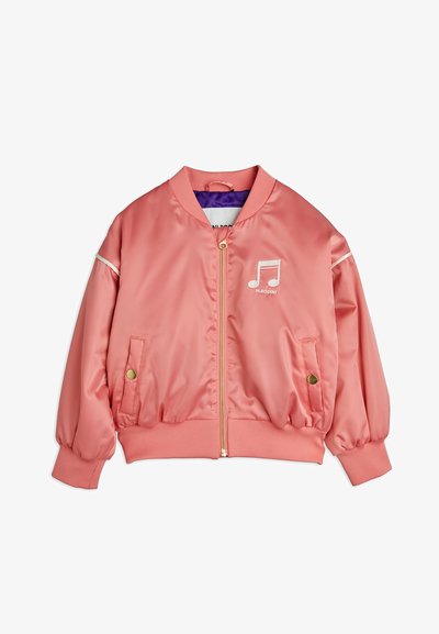 Pink satin bomber jacket with elastic cuffs and hem, featuring a gold zipper and a white musical note logo on the chest.