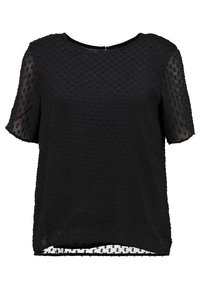 Blusa nera a maniche corte con motivo a pois texture, scollatura rotonda e vestibilità ampia. Maniche trasparenti con orlo dritto.
