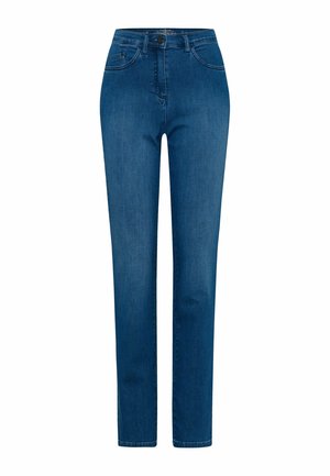 Jean en denim bleu foncé avec un design à jambe droite, style cinq poches, fermeture par bouton et détails de couture subtils sur les poches.
