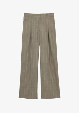 Pantalons à jambes larges en tissu marron clair avec des rayures verticales. Présentent un devant plat, des passants de ceinture et une coupe ajustée.