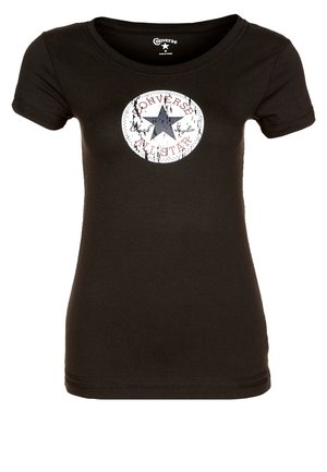 Sort tætsiddende t-shirt med korte ærmer og falmet rundt Converse All Star-logo med en stjerne i midten på brystet.