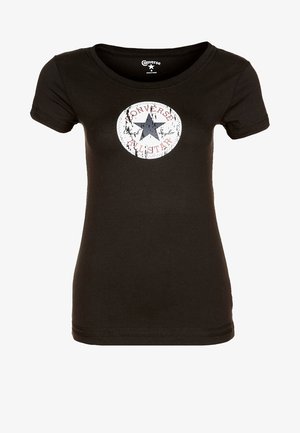 Czarny dopasowany t-shirt z krótkimi rękawami z wyblakłym okrągłym logo Converse All Star z gwiazdą na środku na piersi.