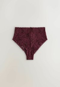 High-waisted women's underwear in dark burgundy lace with floral pattern and scalloped edges, laid flat on a light background.