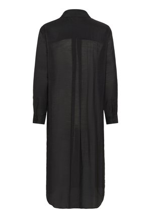 Zwarte lange mouw jurk gemaakt van lichtgewicht, doorschijnende stof. Bevat een kraag en knoopmanchetten, met een rechte snit en een rugploo. 