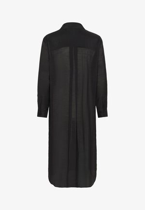 Zwarte lange mouw jurk gemaakt van lichtgewicht, doorschijnende stof. Bevat een kraag en knoopmanchetten, met een rechte snit en een rugploo.
