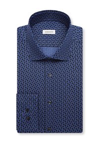 Chemise à manches longues boutonnée pliée avec un motif géométrique bleu et noir et un col classique.