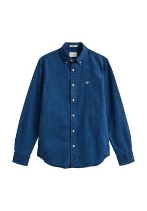 Sinised pikkade varrukatega nööpidega särk, millel on nööbitav krae ja vasakul rinnal väike logotikand.