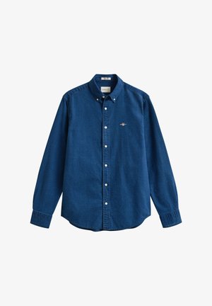 Sinised pikkade varrukatega nööpidega särk, millel on nööbitav krae ja vasakul rinnal väike logotikand.