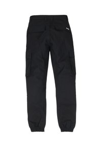 Zwarte cargobroek met elastische boorden, voorzien van meerdere zakken, een gladde textuur en verstevigde stiksels voor duurzaamheid.