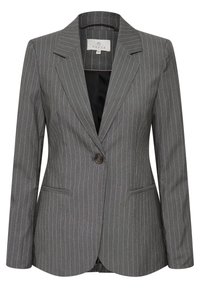 Szary blazer w prążki z klapami, pojedynczym zapięciem na guzik, dwoma przednimi kieszeniami i czarną podszewką. Materiał wydaje się gładki i dobrze ukształtowany.
