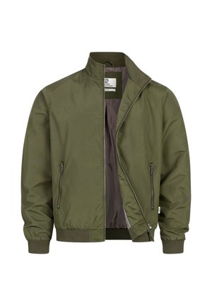 Olive green bomber jacket with front zipper, zippered side pockets, ribbed cuffs and hem, and partially unzipped showing dark interior lining.