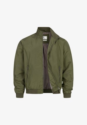 Olive green bomber jacket with front zipper, zippered side pockets, ribbed cuffs and hem, and partially unzipped showing dark interior lining.