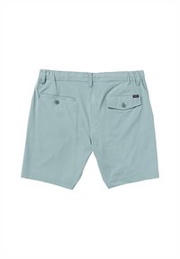 Light blue shorts with a textured fabric, featuring two buttoned back pockets and a waistband with belt loops for adjustable fit.