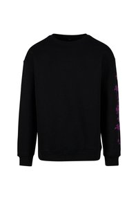 Sort sweatshirt med lange ærmer, rund halsudskæring og lilla palmegrafik på venstre ærme. Lavet af blødt bomuldsstof.