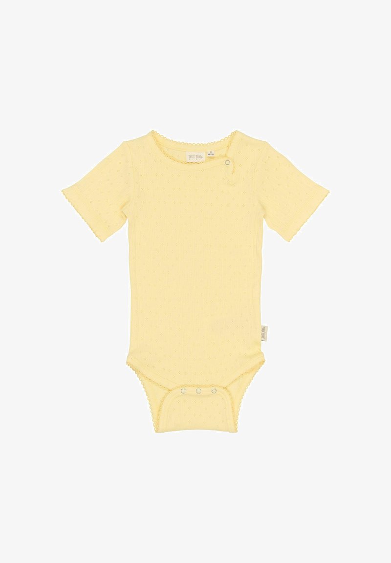 Bodysuit jaune à manches courtes en tissu texturé, avec un col rond, une fermeture à pression à l'épaule et trois boutons-pression à la base.