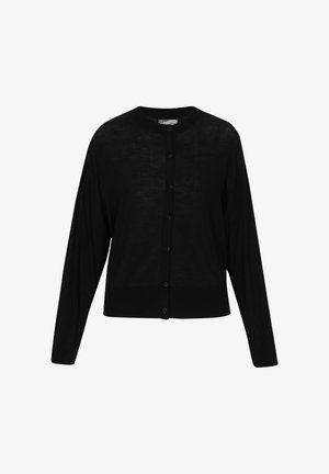 Schwarze Strickjacke aus leichtem Material, mit rundem Halsausschnitt, langen Ärmeln und einer Knopfleiste mit sechs Knöpfen.