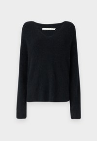 Pulover negru cu decolteu în V, realizat dintr-un material texturat, având mâneci lungi și o croială lejeră. Design simplu, fără modele sau accente vizibile.
