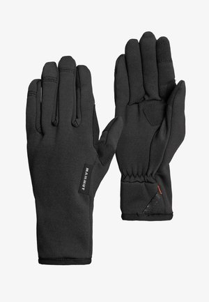 Schwarze Handschuhe mit einer anpassungsfähigen Passform, elastischen Bündchen und einer strukturierten Oberfläche. Verfügt über ein Logo und einen Akzent im Handgelenkbereich.
