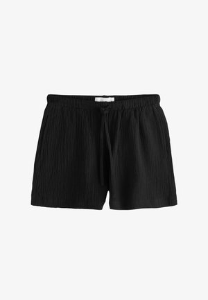 Schwarze Shorts aus strukturiertem Stoff mit elastischem Bund, verstellbarer Kordel und Seitentaschen.