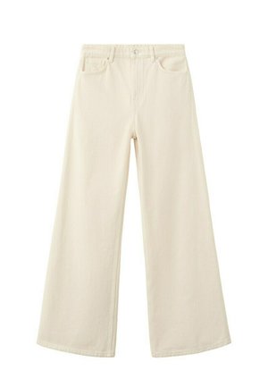 Vaqueros beige de pierna ancha con botón y cremallera delanteros, dos bolsillos frontales y trabillas para cinturón, mostrados sobre un fondo blanco.