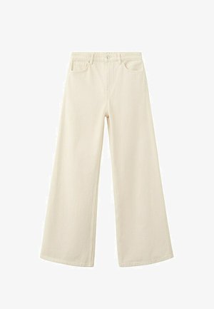 Vaqueros beige de pierna ancha con botón y cremallera delanteros, dos bolsillos frontales y trabillas para cinturón, mostrados sobre un fondo blanco.